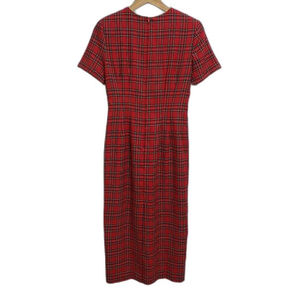 Misty Lane Dress Sz 6 Red Plaid Embroidered Crest Short Slv Midi Vintage Preppy - Picture 3 of 11
